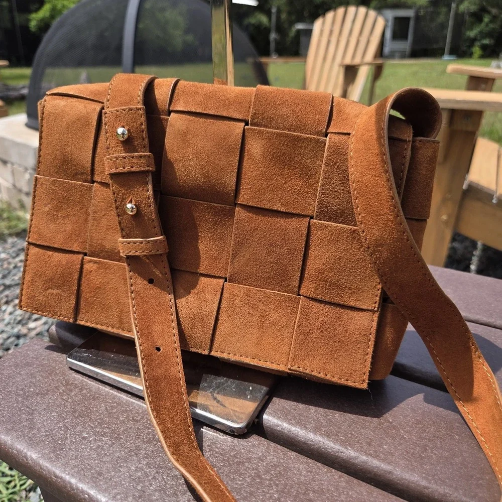 FURNIQ Hoxton‎ Camel Brown Woven Suede Handbag Crossbody MSRP $350